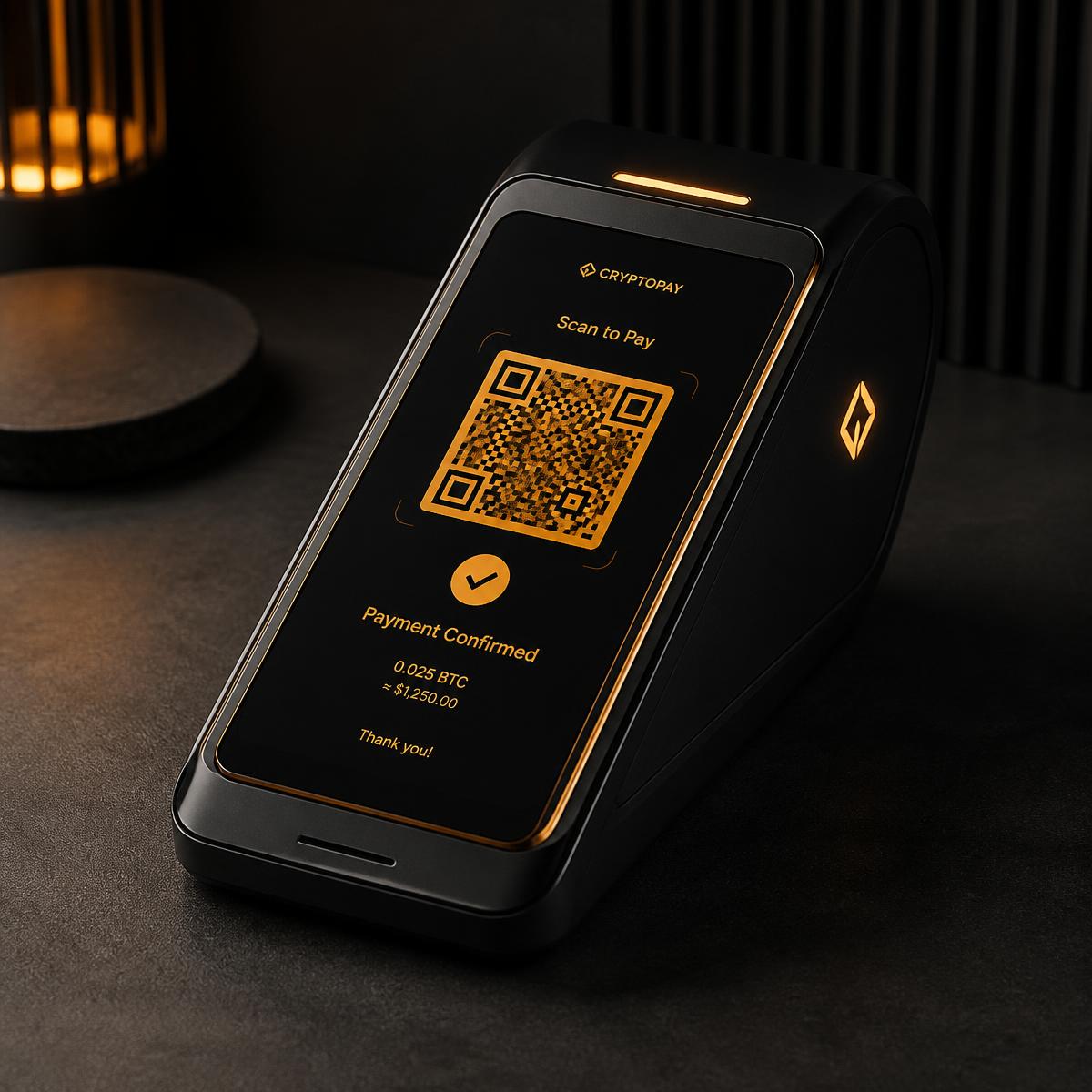 NectarPay countertop crypto payment terminal showing a confirmed payment